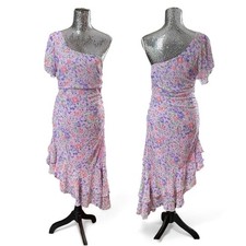 Fairy Floral Chiffon Midi Dress Ruffle Romantic One Shoulder Lilac Party Medium