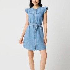 NWT J. Crew Ruffle Sleeve Denim Mini Dress English Blue Wash CK540 Size 12