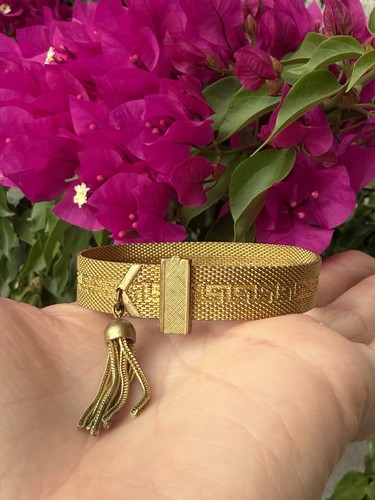 Vintage Greek Key Bracelet Gold Tone Mesh Tassel
