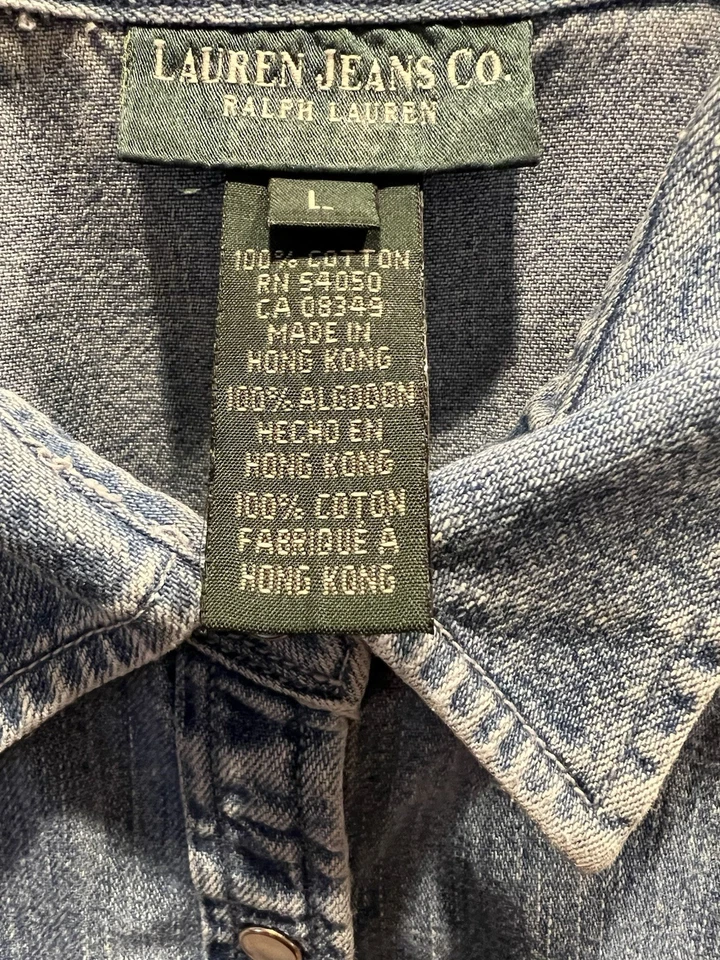 Lauren Jeans Ralph Lauren 珍珠扣衬衫女式大号牛仔刺绣袖 — 第 2/4 张图片