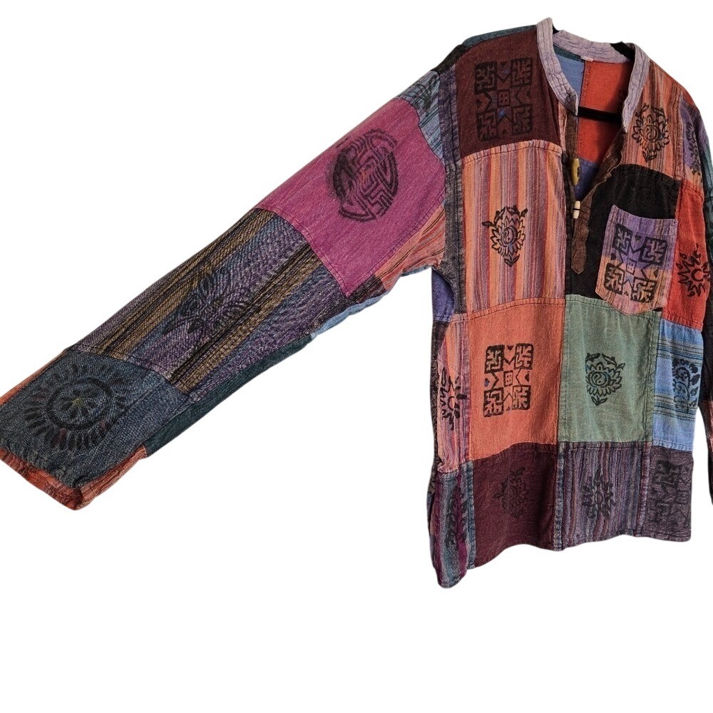 Boho Patchwork Multicolor Cotton Pullover Tunic S… - image 3