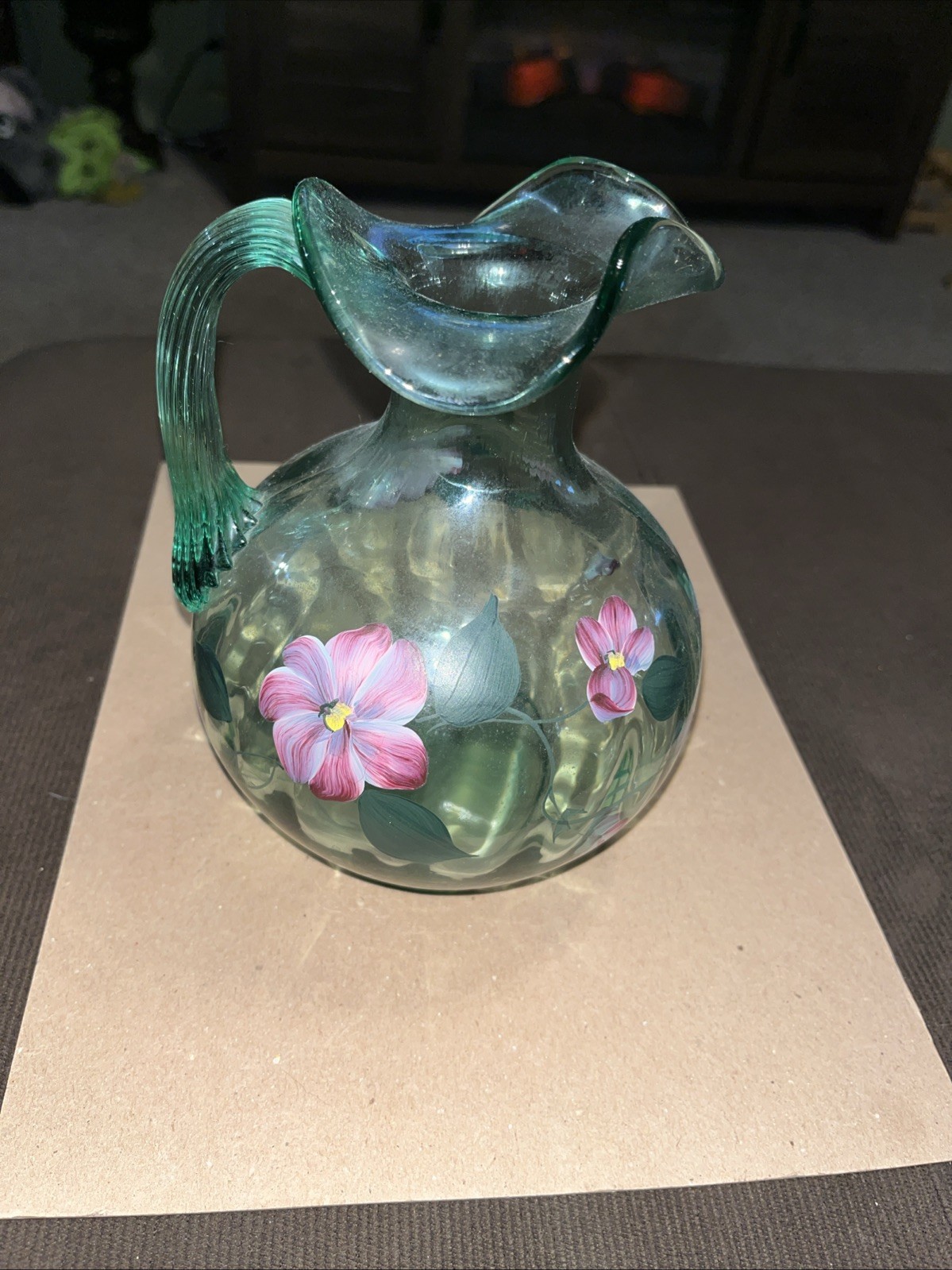 Fenton Sea Mist Green Signed Hand Painted Water Pitcher