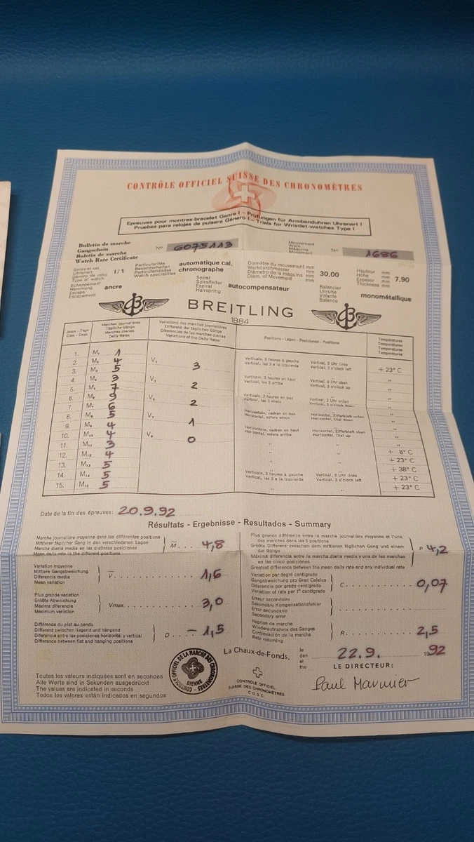 Breitling Libreto Garantía Internacional AÑO 1992 CRONOMAT ORO 18 KT. 2N