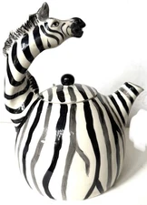 Zebra Ceramic Teapot By Blue Sky Clayworks Safari 9x7” Lynda Corneille