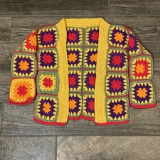 Vintage Hand Made Crocheted Granny Square Long Sleeve Jacket Sweater - Cool 