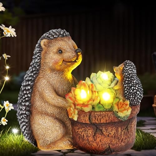 Succulent Hedgehog Garden Statues with Solar Outdoor Lights for Garden Decor,