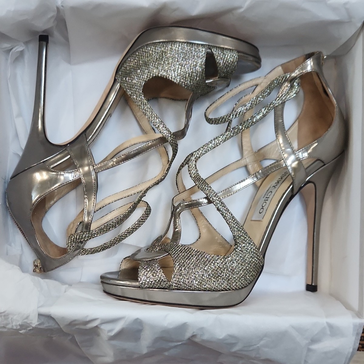 Jimmy Choo Womens Heels Light Bronze Glitter Strappy Open Toe US