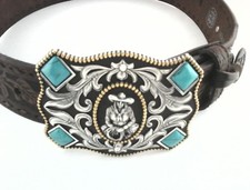 Tony Lama C50638 Cowgirl Western Tooled Leather Belt Turquoise Embellished Sz 30