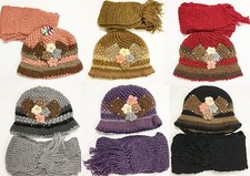 2 PC SET KNITTED BOWLER HAT & SCARF,STOLE HAND MADE 3D FLOWER,FAUX PEARL 630199