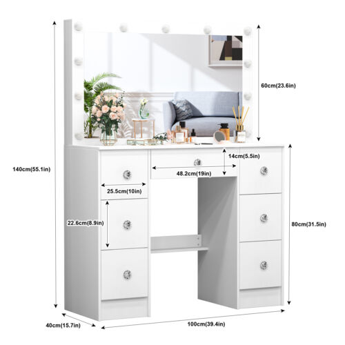 Vanity Makeup Table Dressing Desk 11 LED Lighted Mirror w/ 7 Drawers Bedroom US - Picture 13 of 21