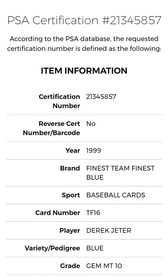 1999 Topps Finest Team Finest DEREK JETER Blue /1500 PSA 10 POP 17 - Image 3 of 4