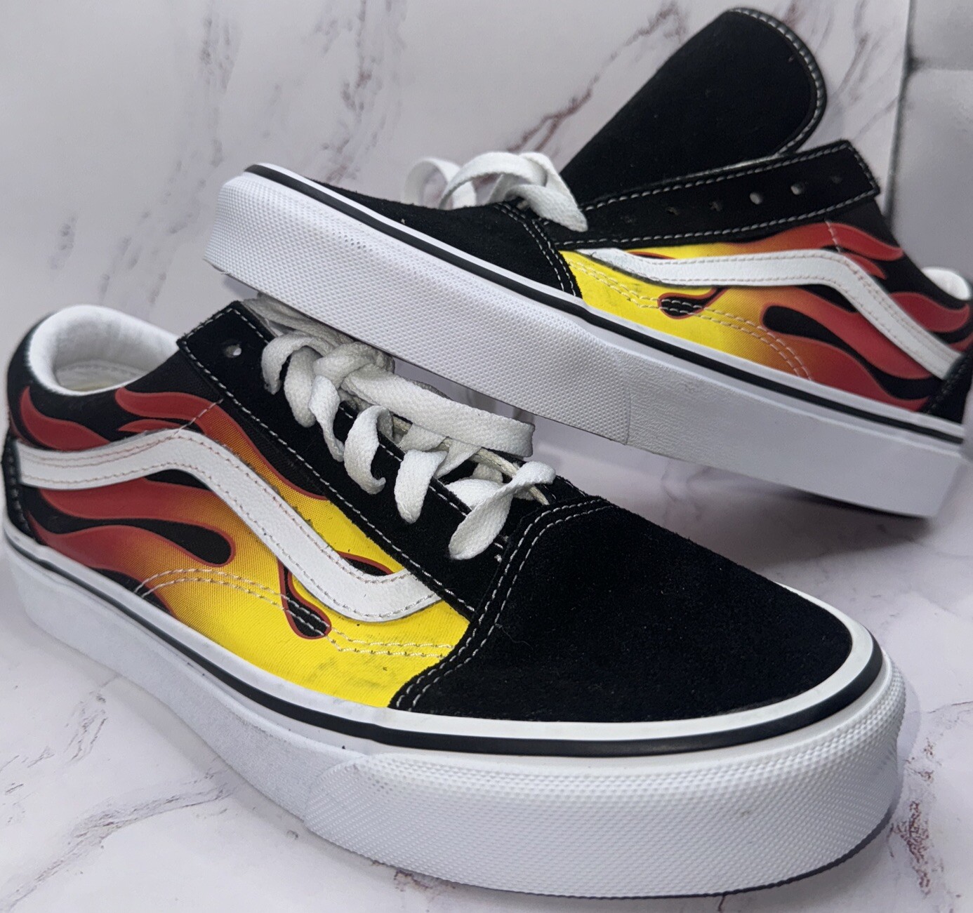 VANS Unisex Size M-6/W-7.5 Lace Up Flame Old Skool Low Top Skate Shoes Black NWT