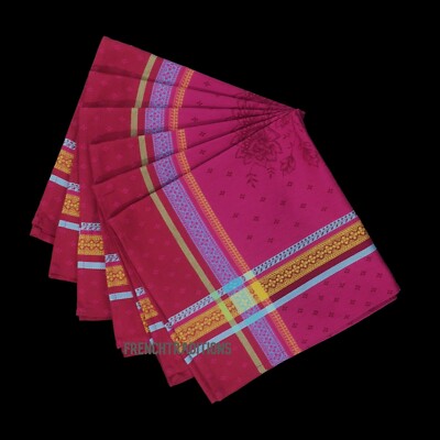 French Provencal Set of 6 Cotton Fushia Napkins Flowers - Made in France