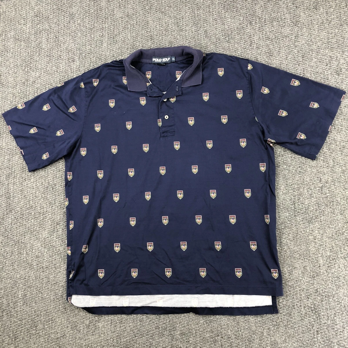 VTG 90s Polo Ralph Lauren Shield Logo All over Print Golf Shirt XL Single Stitch