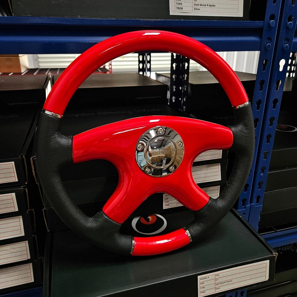 VOLANTE RAPTOR 15" CUERO NEGRO ROJO MADERA Foto 2 de 4