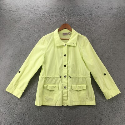 Chicos Button Up Utility Jacket Womens 1 Neon Green Drawstring Cinch Waits