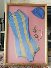 1970s Speedo One Piece Racerback Swimsuit Women Lycra Cap Goggles Framed