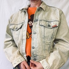 Vintage 80's Jordache Snow Wash Blue Cream Crop Denim Jacket Size M