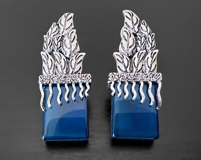 Blue Lab-Created Quartz Big Long Rectangle Leaf Fire Silver Plate Earrings