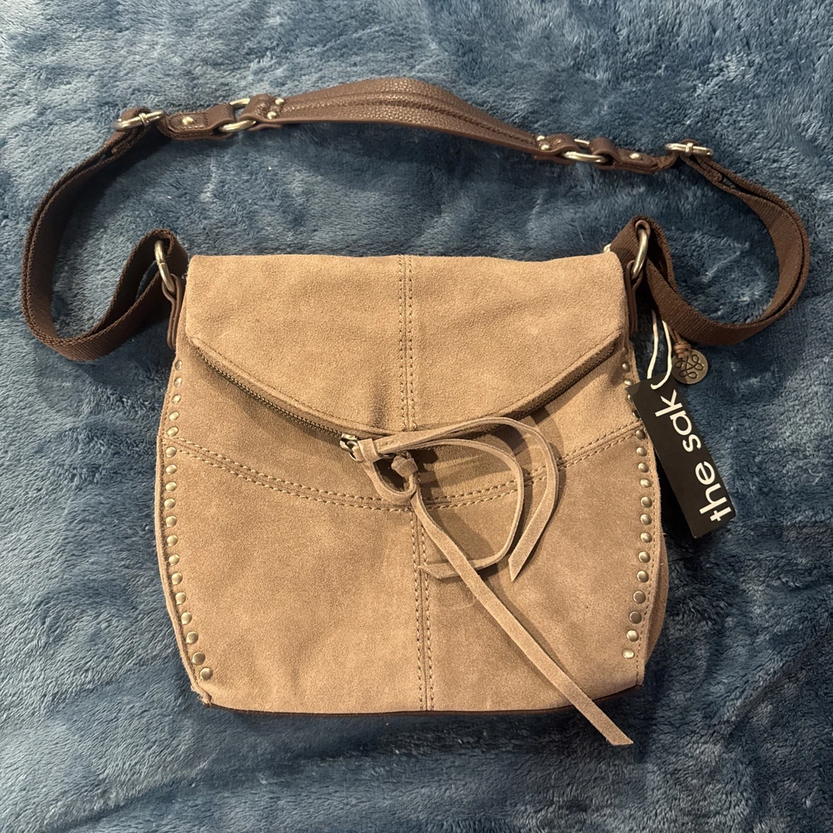 The Sak Leather Suede Sling Backpack Taupe Slouchy Zip Crossbody Bag The Sak Leather/Suede Crossbody Taupe/Gray/Silver Metallic  main image 3