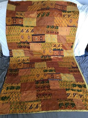 King Size Indian Sari Patchwork Quilt Orange Colors 100x90  Pick Stitch Quilting