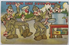 WW2 Era Comic Postcard - Soldier Mess Kit Humor - Army Life | First In Line