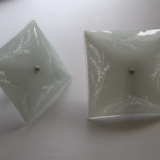 Vtg MCM Pair Ceiling Light Fixtures, Etched Frosted Glass, Wheat, 11" & 13" Sq