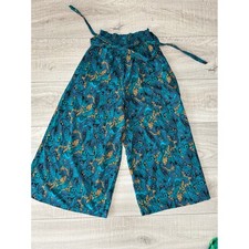 Teal Paisley Leopard Print Wide Leg Palazzo Pants S High Waist Paperbag Boho