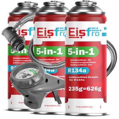 Kältemittel EISFRO 3x5-in-1 R134a Klimaanlage Ersatzgas SET Schlauch Dichtmittel