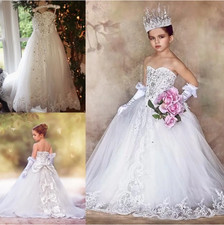 Luxury Crystal White Flower Girls' Dresses for Weddings With Lace Bow Summer