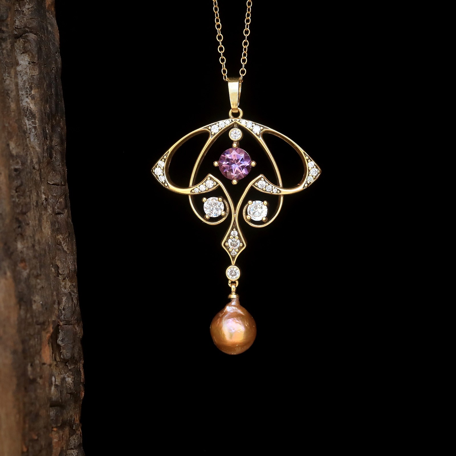 Collier améthyste violette perle baroque véritable doré SB22
