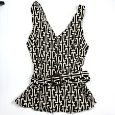 Monteau Women’s Black/White Linen Blend Button-Up Belted Top Size S Work Summer