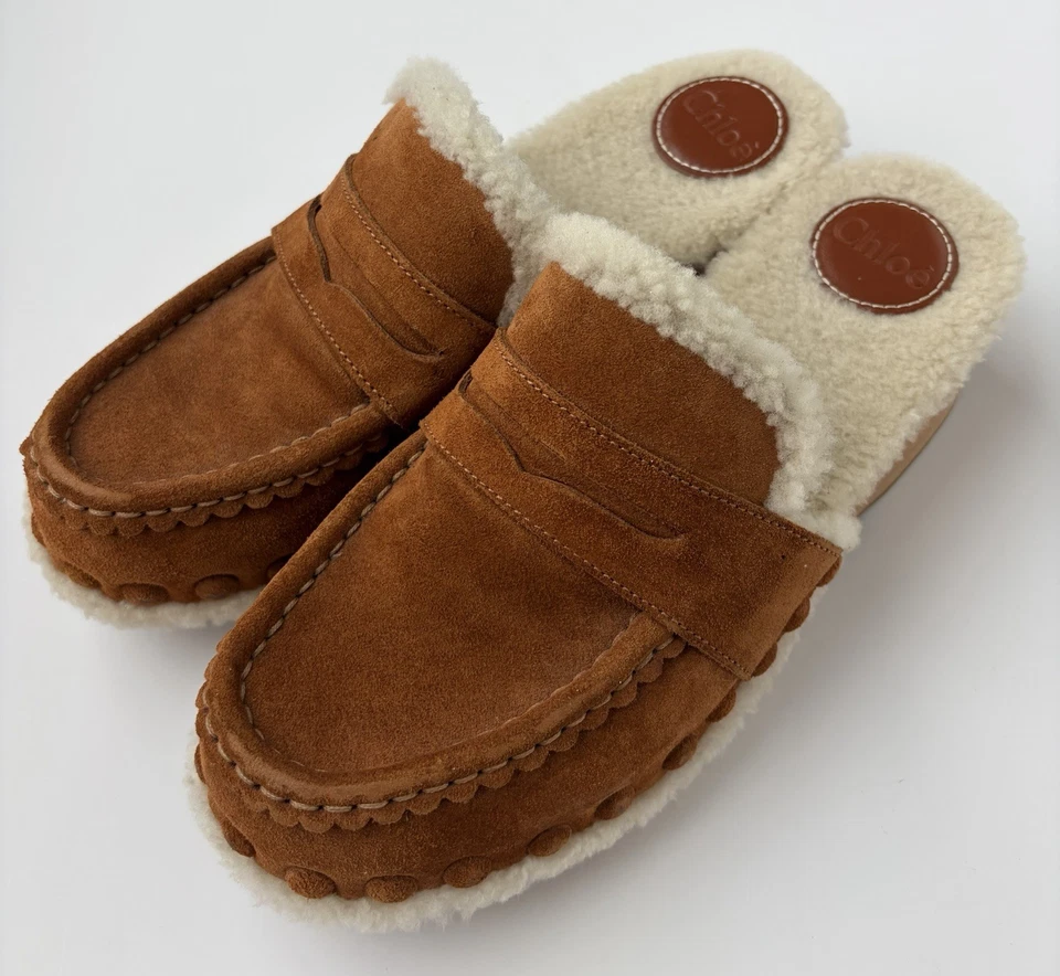 Chloe 女式 Joy Shearling 内衬栗色棕色麂皮绒穆勒鞋 7 码 US 37 EU — 第 2/4 张图片