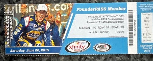 NASCAR Chicagoland Speedway Founders Pass full unused Ticket 06/20/15