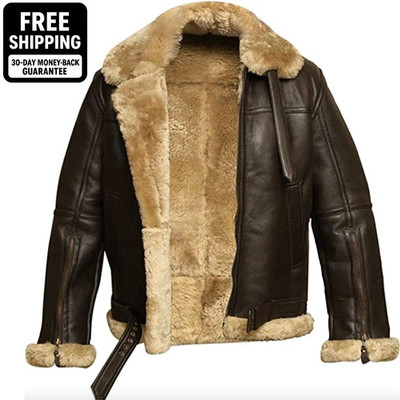 Herren Raf B3 Echtleder Fliegerjacke Flieger Bomber Lammfell Pilotenmantel braun
