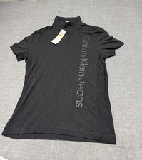 Calvin Klein Men  s Black Solid Cotton Knit Short Sleeve Logo Polo Shirt Size S