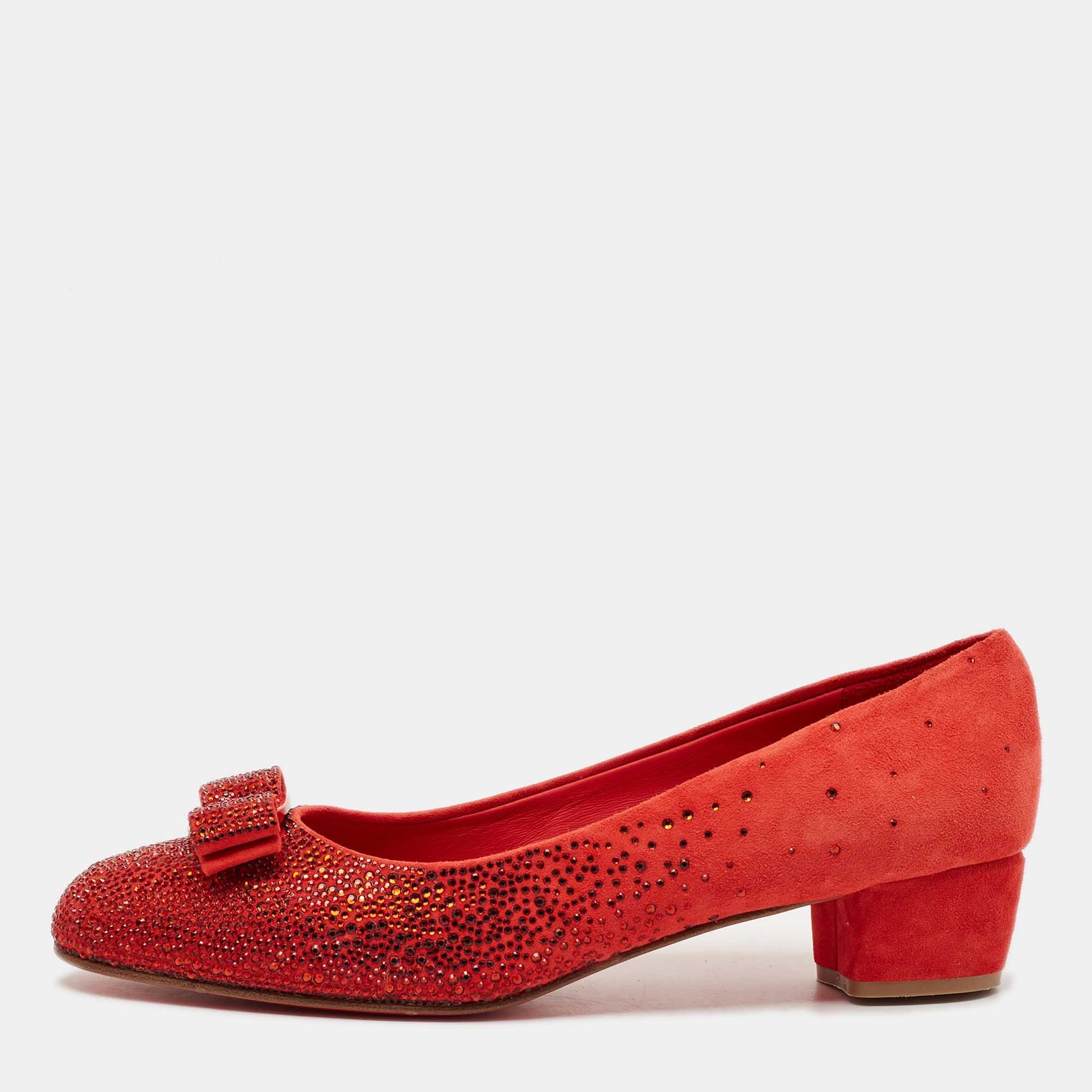 Salvatore Ferragamo Red Suede Crystal Vara Bow Block Heel Pumps