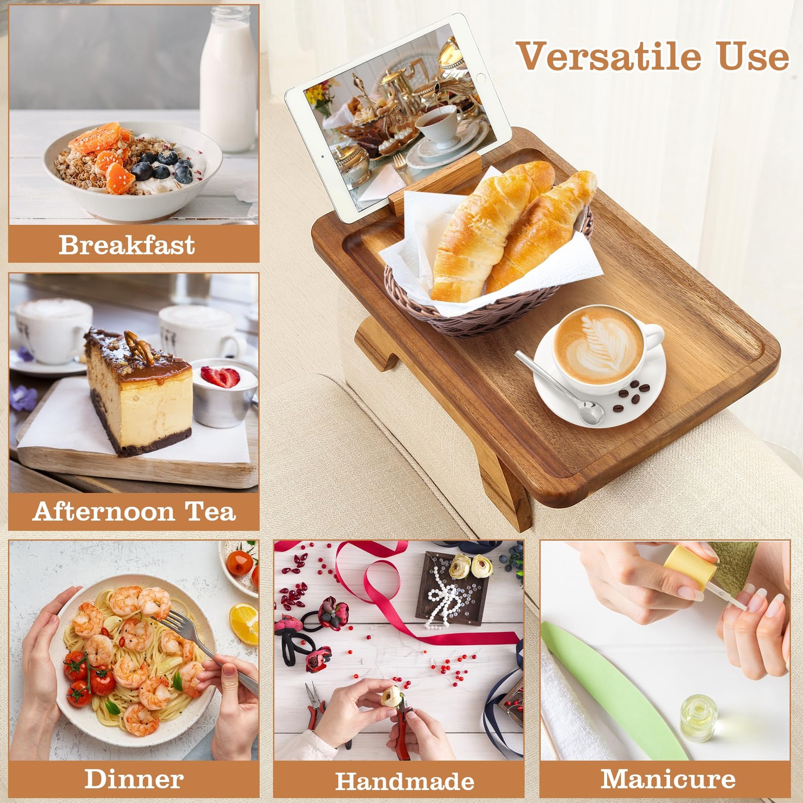 Acacia Wood Couch Armrest Table,Sofa Arm Tary Table for Living Room,Sofa Armr...