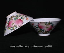 6" DaQing Yongzheng Marked Famille Rose Porcelain Peach Tree Bat Bowl Bowls Pair