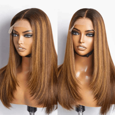 5x5 Lace Closure Straight Wig Honey Blonde Piano Highlights Human Hair Wigs 180%