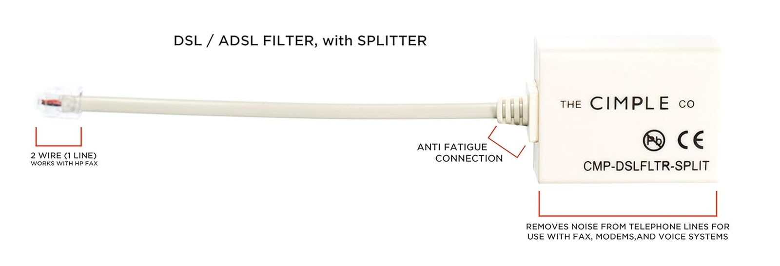 THE CIMPLE CO Modem Phone Filter, 1 Pack, DSL Splitter, 2 Wire, 1 Line, Removes 