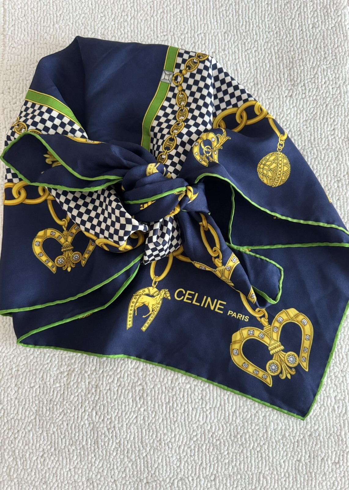 Céline Unisex Blue Gold 100percent Silk Print Square Scarf Pre Owned image 5