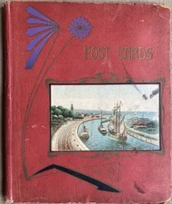 Antique Art Nouveau Period Red Post Card Album Empty Cloth Bound Deco Book