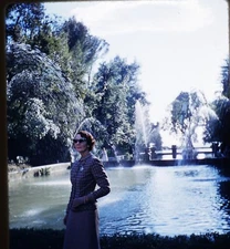 Lady & water fountain somewhere in Europe - 1959 Stereo Realist slide #815