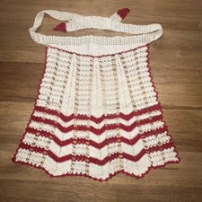 Vtg Handmade Crochet Red Apron Coquette Grandma Cottage Core farmhouse 1940/50s