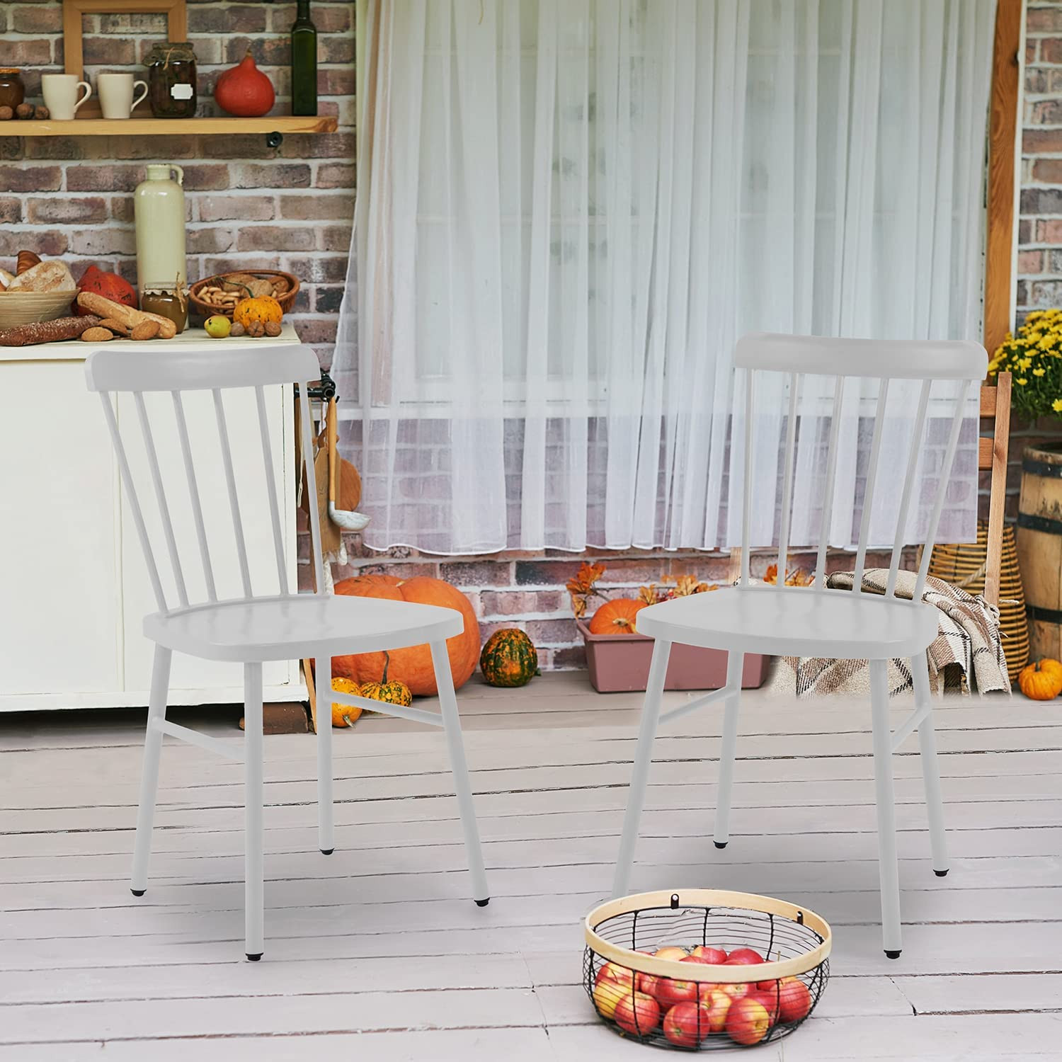 White Metal Patio Dining Chairs Set of 2 Indoor/Outdoor Windsor Chairs Farmhouse