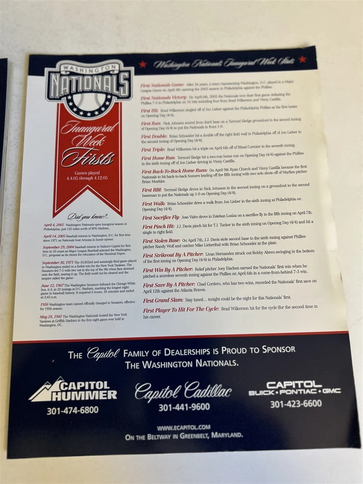 2005 WASHINGTON Nationals OPENING DAY Program 4/14/05 vs ARIZONA DIAMONDBACKS - Image 3 of 3