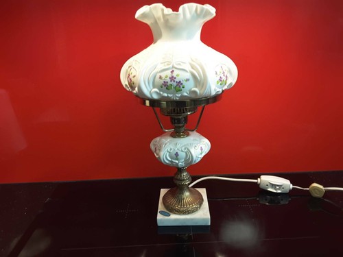 Fenton vintage hob-nail milk glass hand painted table lamp 'Violets in the Snow'