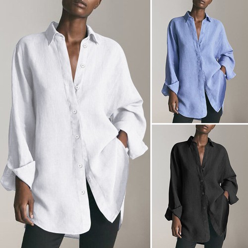 Womens Long Sleeves Shirt Loose Button Down Lapel Collar Lady Casual Tops Size