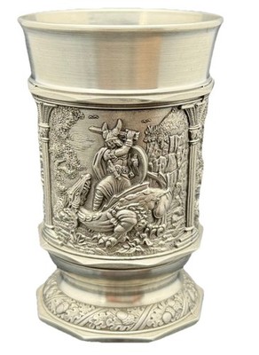 330g ドイツBMF錫製 ジョッキ 95%ZINN 騎士レリーフ アンティーク German BMF Zinn 95% Pewter Viking Themed Cup 3 Raised Relief